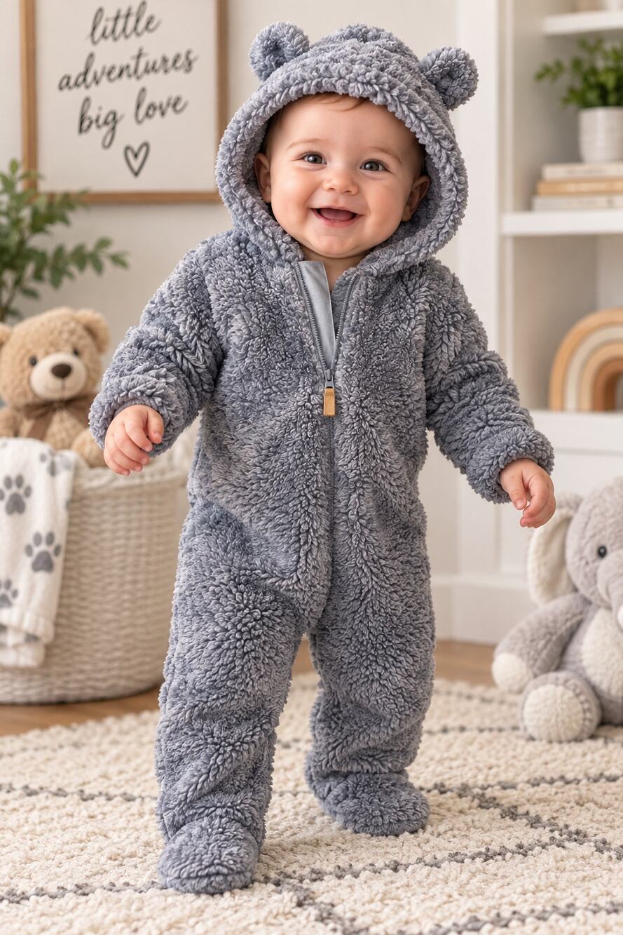 Carter’s Baby Fuzzy Sherpa Hooded One-Piece Jumpsuit Gray | 6M